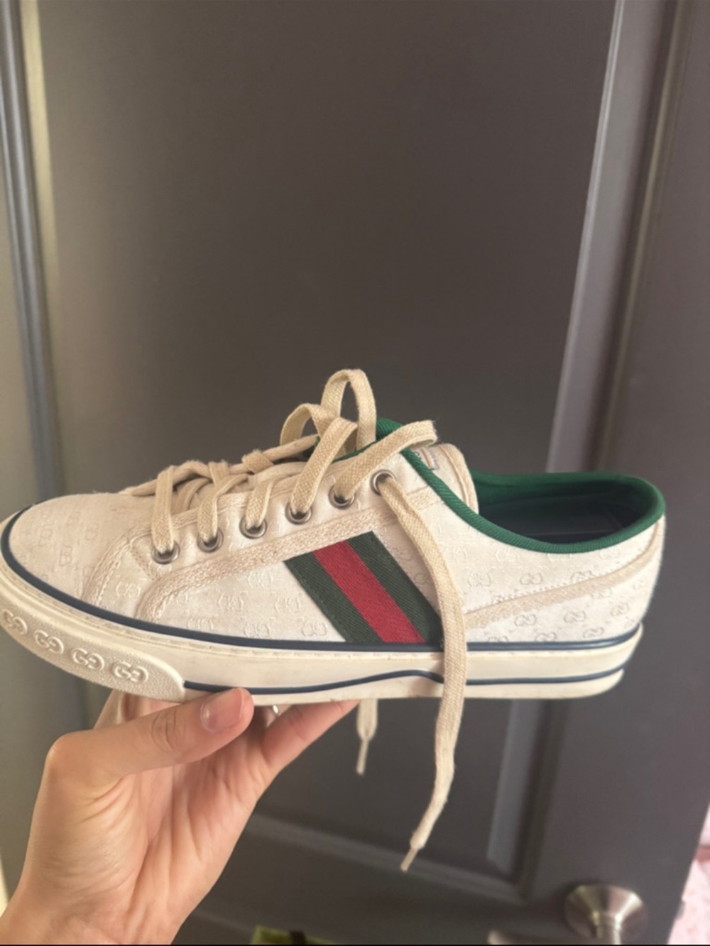 Gucci Cream Canvas Low-Top Sneaker with Green & Red Web